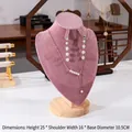 Pink velvet necklace display stand with wooden base showing pearl jewelry set - Light Pink Medium (Earring Slots)
