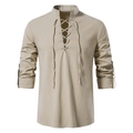 Detail of beige cotton linen Henley shirt featuring lace-up collar and long sleeves - S / Tops / Beige