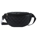 Kids black quilted PU leather fanny pack with adjustable strap on white background - Black