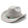 Detail of light grey faux suede cowboy hat featuring rope band and turquoise stone accent - M (56-58cm) / Light Gray