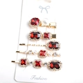 Set di 5 fermagli per capelli vintage con strass rossi e perle su lega dorata - Set da 5 Rosso Vino