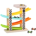 Colorful 4-tier wooden racing slide tower with four numbered toy cars for kids - Gliding Car