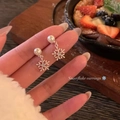 Close-up of snowflake pearl earrings with zircon stones held in hand for size display - 1# Silver Earring Post - White
