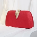 Elegant red PU evening clutch bag with golden leaf buckle on white silk background - Red