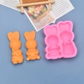 Detail of pink silicone rabbit mold featuring carrot and floral patterns for Easter baking - Two Rabbits