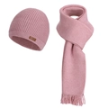 Women's pink ribbed knit set featuring a beanie hat with leather label and tassel scarf - Pink (2-Piece Set)