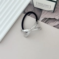 Elastic hair tie featuring a geometric X-shaped silver metallic accent in a polished finish - Style E Silver