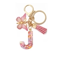 Pink resin letter J keychain with butterfly pendant, heart sequins and golden clasp - Letter J