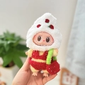 Labubu plush toy accessory featuring a red strawberry theme and fuzzy jumpsuit - Strawberry Beach / First And Second Generation Keychains Are Compatible With La Cloth Dolls. Dolls Not Included.
