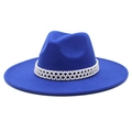 Detail of royal blue wool felt fedora featuring an elegant white pearl headband decor - M (56-58cm) / Blue