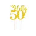 Gold glitzernder Hello 50 Tortenstecker mit Holzstäbchen für den 50. Geburtstag - Hello 50! / Gold