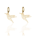 Elegant gold hummingbird drop earrings with hollow filigree design and hoop closures - Hummingbird Earrings / Gold