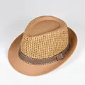 Men's khaki mesh fedora straw hat with hollow grid weave and striped ribbon - Kids Size (52cm) / Hollow Lattice Khaki