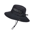Men's black wide brim sun hat with breathable mesh and windproof cord for fishing - Black
