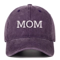 Close-up of white MOM embroidery on vintage washed cotton purple baseball cap - MOM Embroidery / Purple