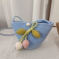 Blue hand-woven kids crossbody bag with crochet floral charms and pearl buckle - Blue With Strawberry Buds