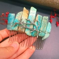 Handmade hair comb featuring blue-green amazonite stones and silver metal branch detail - Amazonite + Branch