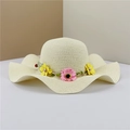 Beige wide-brim straw hat with floral wreath and wavy edge for summer beach protection - Adult M / Creamy White