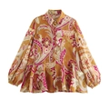 Camisa de gasa dorada para mujer con estampado paisley, mangas de farol y cuello abotonado - XS / Chocolate