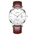 Men's Geneva quartz watch with white dial, silver case and brown leather strap - White Dial Silver Case Brown Leather Strap