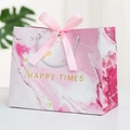 Pink marble gift bag with silk bow and golden Happy Times text for special occasions - Pink Ocean / Medium 25*12*20cm
