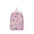 Vista detallada de la mochila rosa con estampados coloridos de mariposas y flores - Rosa
