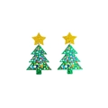 Macro detail of green Christmas tree earring with gold star and multi-color glitter dots - Green Glitter Dotted Christmas Tree