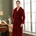 Thick dark red flannel bathrobe for men with textured honeycomb pattern and waist tie - Wine Red Men