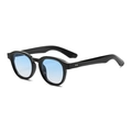 Retro schwarze runde Sonnenbrille mit hellblauen Verlaufsgläsern und dickem Rahmen - Sonnenbrille / Glänzend schwarzer Rahmen mit blauem Verlaufsglas