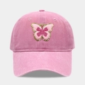 Casquette de baseball en coton délavé rose avec broderie papillon vintage - Réglable / Rose