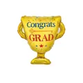 Detail of golden trophy foil balloon with Congrats GRAD print for graduation party decor - Gold Graduation Trophy