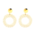 Handmade cream natural woven rattan circle earrings with golden marbled metal accent - Beige Round Metal Disc Rattan Style (11269)