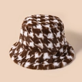 Warm plush bucket hat featuring a classic brown and white houndstooth pattern for winter - M (56-58cm) / Coffee