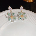 Macro view of crystal flower earrings with green petals and shimmering star effect - 6# Silver Post - Flower Drop Style / Gold-Light Green