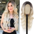 Ombre blonde long wavy lace wig with dark roots shown on model and mannequin stand - Natural Black to Platinum Ombre
