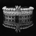 Men's crown bracelet set featuring Roman numeral bangle and woven metallic band - Steel Crown (Black Zirconia) Roman Bangle Enamel