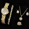 Golden quartz watch and 6-piece jewelry set with crystals on black background - Gold Style (Watch Necklace Earrings Ring Bracelet Set - No Box)