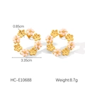 Detail view of gold flower hoop earrings with pink beads showing 3.35cm outer diameter size - Gold Pink (HC-E10688)