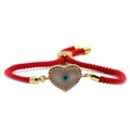 Adjustable red braided heart bracelet with golden evil eye zircon pendant on white background - Single Red Cord Heart Evil Eye / Red Rope Style