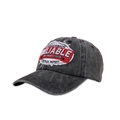 Détail du patch brodé sur casquette de baseball vintage en coton délavé avec texte Reliable - Réglable / Noir Lavé