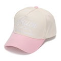 Cream and pink cotton baseball cap featuring white Faith embroidery with mountain motif - One Size / Beige/Pink Patchwork