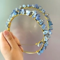 Detailed shot of golden metal headband with raw blue crystals and hand-wrapped wire work - Lapis Lazuli Gold Wire Gold Headband