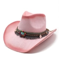Pink gradient straw cowboy hat with turquoise and tassel ethnic bead band decoration - M (56-58cm) / Rose Pink