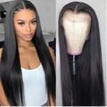 Perruque longue noire lisse synthétique en dentelle frontale avec une racine naturelle - Noir Lisse