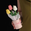 Three colorful PU tulips in pink mini pot with bow, handmade artificial flower bouquet - Tricolor Flower + Pink Bucket (With Bag No Lights)