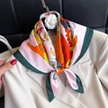 Pink satin square scarf with green borders and hand-drawn cartoon cat pattern - 65 Square Scarves / 65
