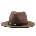 Detalle de sombrero de paja marrón con gema turquesa y banda de cuentas de madera - M (56-58cm) / Marrón