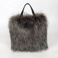 Plush faux raccoon fur handbag with premium black leather handles in silver gray color - Dark Gray