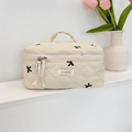 Quilted beige cosmetic bag with black embroidery bows and convenient top handle - Large Capacity Handle Style