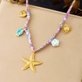 Fashion colorful fabric cord necklace with gold starfish and ceramic floral pendants - Colorful Printed Fabric Rope Gold Starfish Pendant (N3672)